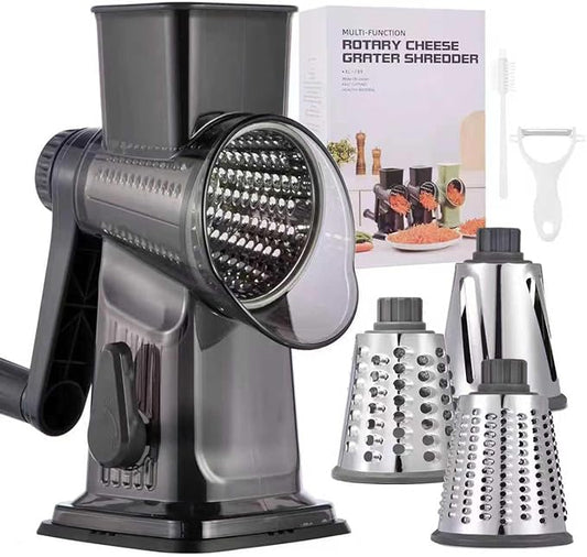 Rotary Cheese Grater with Handle Kitchen Shredder Slicer Grater Slicer Ice Shaver Cheese Vegetable Nuts Potato Zucchini Chocolate 3 Interchangeable Blades (Dark Grey TSP) by Ziweaye