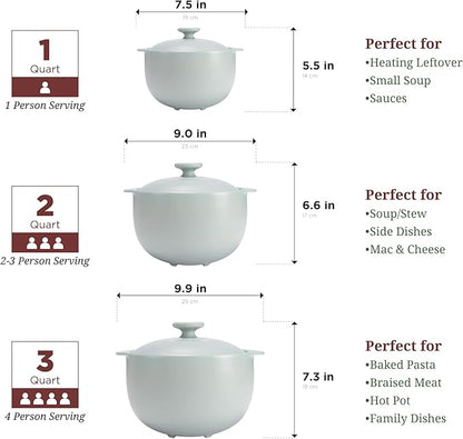 MINH LONG 1-Qt Porcelain Dutch Oven with Lid – Lead & Cadmium Free, Oven Safe to 482°F, Heat Retention, Clay Pot for Cooking on Gas & Infrared Cooktop, Use to Marinate, Cook, Bake, Refrigerate & Serve