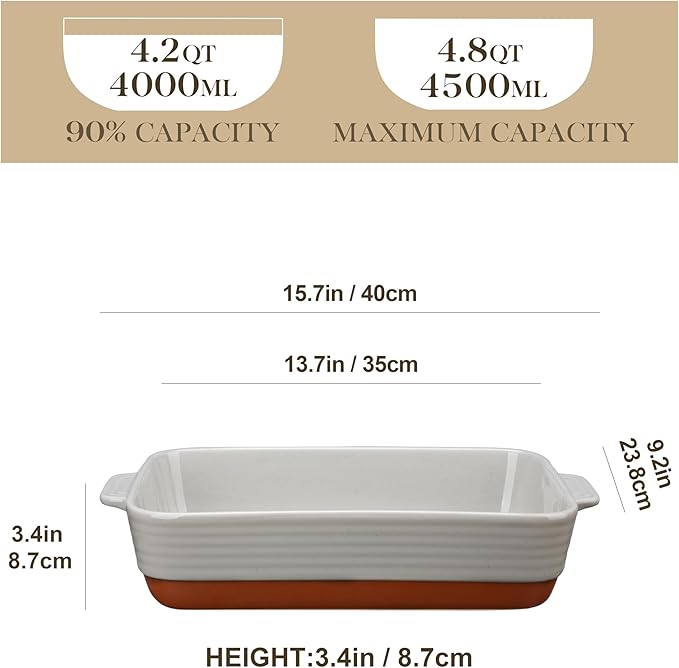 MALACASA Lasagne Dishes for Oven, 4.8 Qt Ceramic Oven Dish with Handles, 9 x 13 Inch Deep Rectangular Baking Dish Casserole Dishes, Grey Lasagna Pan Bakeware for Roasting, Series TARA - Image 2