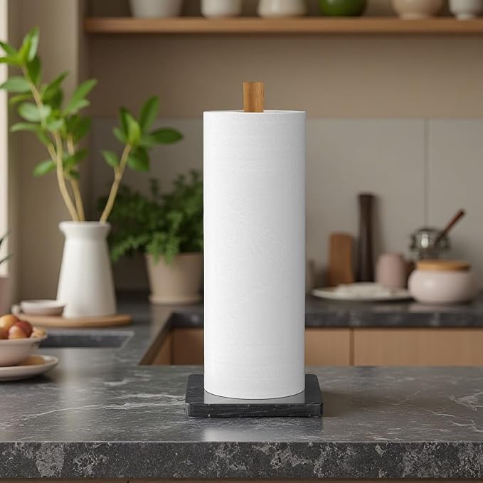 Buruis Wood Paper Towel Holder, Marble Base Modern Decorative Countertop Standing Rolls Holder for Kitchen, Toilet, Pantry and Bathroom (Square Marble Base Black) - Image 6