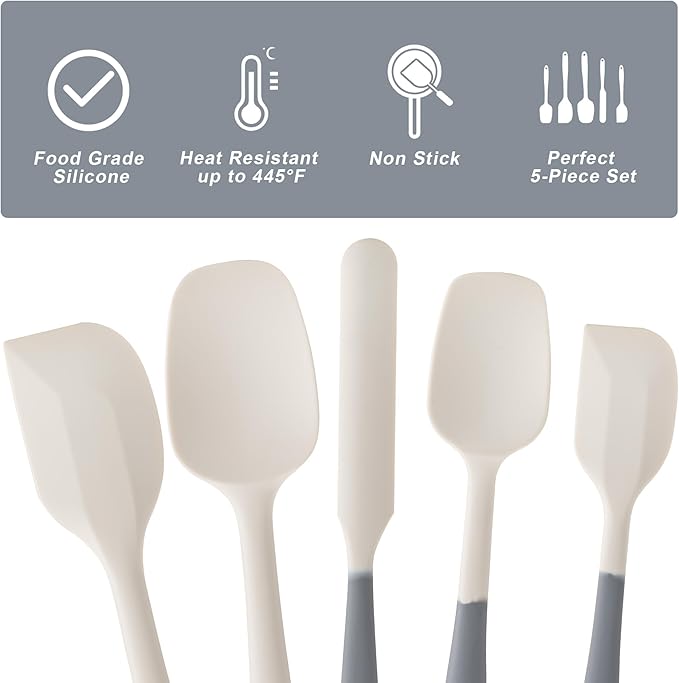 Silicone Spatula Set, 5 Piece Food Grade Rubber Spatulas for Baking, Cooking, and Mixing High Heat Resistant Non Stick Dishwasher Safe BPA-Free (Gray+White) - Image 3