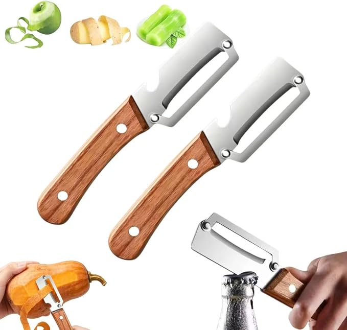 2 Pack Premium 2-in-1 Multi Functional Vegetable and Fruit Peeler with Bottle Opener, Wooden Handle, Stainless Steel Blade-Zero Snag, Smooth Glide Kitchen Tool for Potato, Carrot,Sugar Cane and More by Unknown