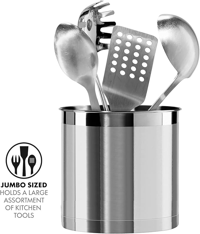 Oggi Stainless Steel Jumbo Utensil Holder - 7" Utensil Caddy, Weighted Base for Stability - Extra Large Utensil Crock and Countertop Utensil Organizer, Stainless Steel - Image 3