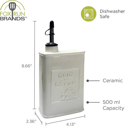 Fox Run White Ceramic Oil Can, 17 oz/500 ML Olive Oil Dispenser With Pouring Spout and Cap
