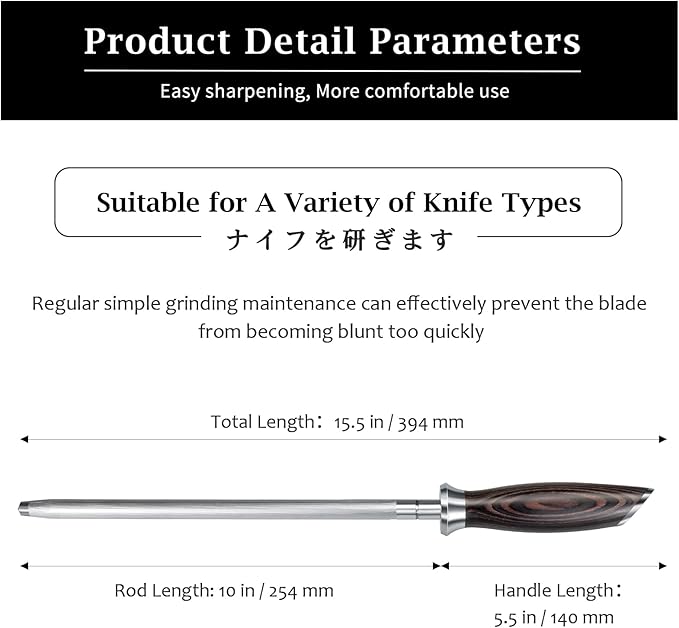 HOSHANHO Honing Rod,10 Inch Professional Kitchen Knife Sharpener Rod, Japanese High Carbon Knife Sharpening Steel with Ergonomic Pakkawood Handle, Ideal for All Chef Knives - Image 4