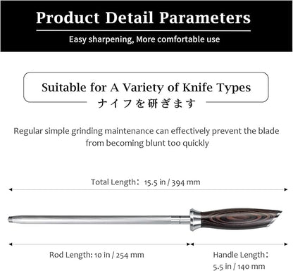 HOSHANHO Honing Rod,10 Inch Professional Kitchen Knife Sharpener Rod, Japanese High Carbon Knife Sharpening Steel with Ergonomic Pakkawood Handle, Ideal for All Chef Knives - Image 4