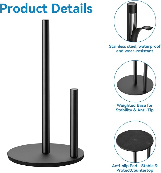 Paper Towel Holder Kitchen,Premium Stainless Steel Roll Dispenser,Countertop Paper Holder with Weighted Base, Black - Image 2