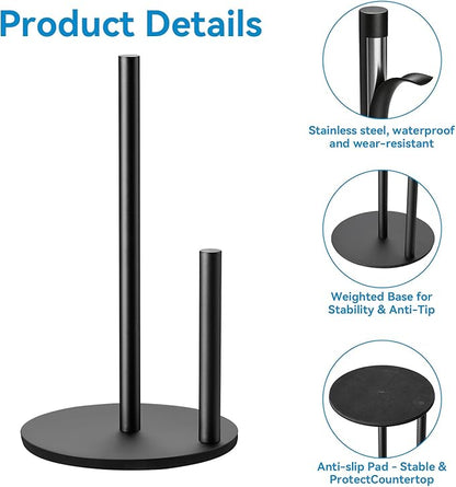Paper Towel Holder Kitchen,Premium Stainless Steel Roll Dispenser,Countertop Paper Holder with Weighted Base, Black - Image 2