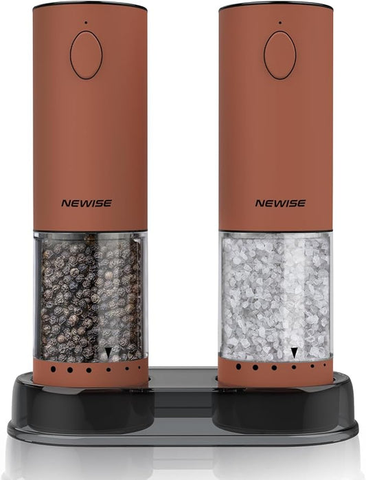 Newise Electric Salt and Pepper Grinder Set Rechargeable with LED Lights, Automatic Pepper & Salt Mill, Adjustable Coarseness, Large Capacity, Brown