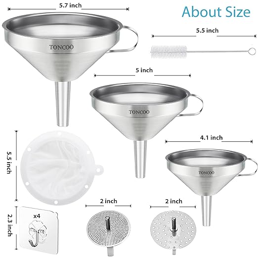 Toncoo 3 Pack Stainless Steel Funnels for Kitchen Use, Food Grade Cooking Funnel with 3 Strainer, Kitchen Funnel Set Metal Funnels for Filling Bottles