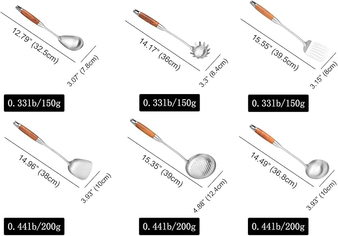 Stainless Steel Kitchen Utensils Set with Wooden Handle, 6 PCS Professional Cooking Utensils Set 15", Wok Spatula, Ladle, Skimmer, Slotted Spatula Turner, Spaghetti Spoon, Large Spoon - Image 6