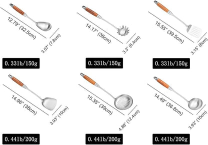 Stainless Steel Kitchen Utensils Set with Wooden Handle, 6 PCS Professional Cooking Utensils Set 15", Wok Spatula, Ladle, Skimmer, Slotted Spatula Turner, Spaghetti Spoon, Large Spoon - Image 6