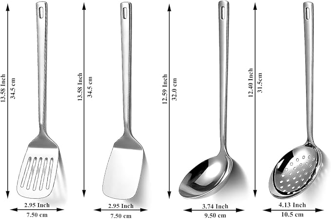 Stainless Steel Kitchen Utensils Set, 4-Piece – Slotted Turner, Solid Turner, Skimmer & Ladle – Rust-Resistant, Long Handle, Hanging Loop, Dishwasher Safe – Everyday Cooking & Serving