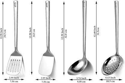 Stainless Steel Kitchen Utensils Set, 4-Piece – Slotted Turner, Solid Turner, Skimmer & Ladle – Rust-Resistant, Long Handle, Hanging Loop, Dishwasher Safe – Everyday Cooking & Serving