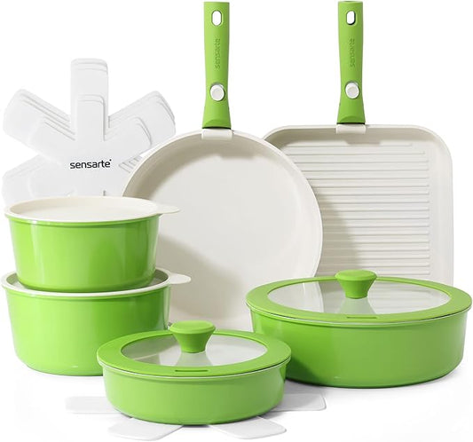 SENSARTE 17 Piece Ceramic Pots and Pans Set, Nonstick Detachable Handle Cookware, Induction Kitchen Cookware Set with Removable Handle, Dishwasher ＆ Oven Safe (Green) by SENSARTE