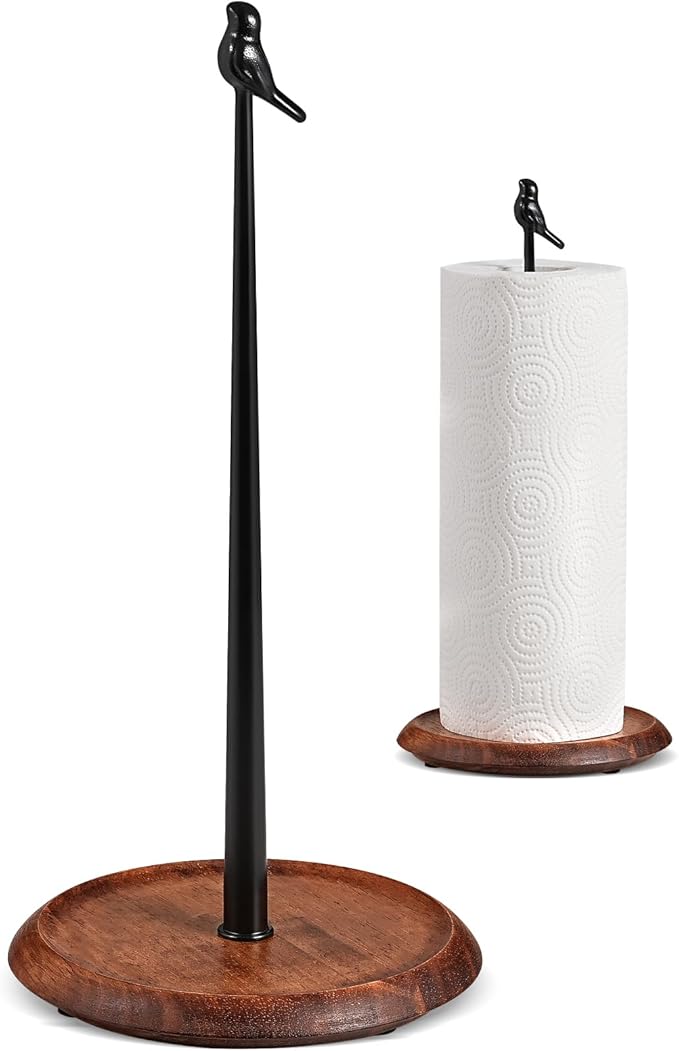 Wooden Paper Towel Holder countertop, Stylish Bird Shaped,Solid Wood Base&Iron Top, with Non-Slip Mat, Stable&Durable,Paper Towel Holder Farmhouse Style to Elevate Your Kitchen's Décor (Black) by TOCEMEI