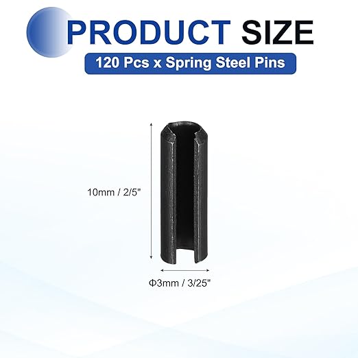 MECCANIXITY 120Pcs Slotted Split Roll Pins 3/25 Inch(3mm) Dia. 2/5 Inch(10mm) Length 65Mn Steel Spring Tension Expansion Dowels for Secure Fastening, Black