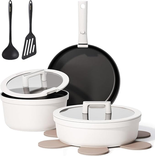 CAROTE 22pcs Pots and Pans Set Non Stick, Detachable Handle Cookware Set White, RV Cooking Set, Dishwasher/Oven/Fridge Safe, Pot and Pan Set, Induction Cookware by CAROTE