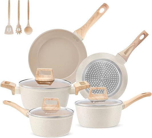 M MELENTA Pots and Pans Set Non Stick, 11pcs Ceramic Cookware Set, Non Toxic Induction Kitchen Cookware Sets, Nonstick Cooking Set with Stay Cool Handle, 100% PFOA Free, Cream