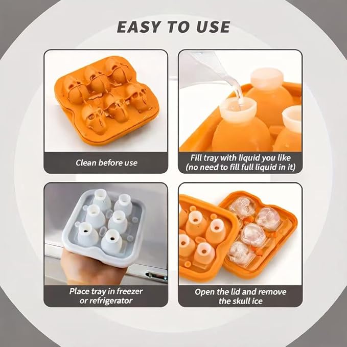 Skull Ice Cube Mold, 6-Cavity Silicone Ice Tray for Whiskey, Cocktails, and Beverages, Food-Grade Flexible Ice Maker for Halloween & Party Drinks, Easy Release & Dishwasher Safe (Orange)