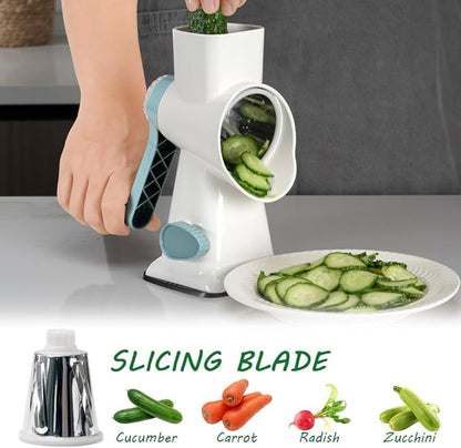 3 in 1 Manual Vegetable Cutter Machine with Stainless Steel Changeable Blades Rotary Cheese Grater Kitchen Tool Potato Slicer Shredder Nuts Chocolate Chopper (White blue)