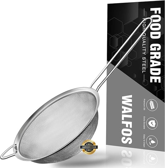 Walfos 4.6 Inch Fine Mesh Strainer, Premium Stainless Steel Colanders and Sifters, with Reinforced Frame and Sturdy Handle, Perfect for Sift, Strain, Drain and Rinse Vegetables, Pastas and Tea by Walfos