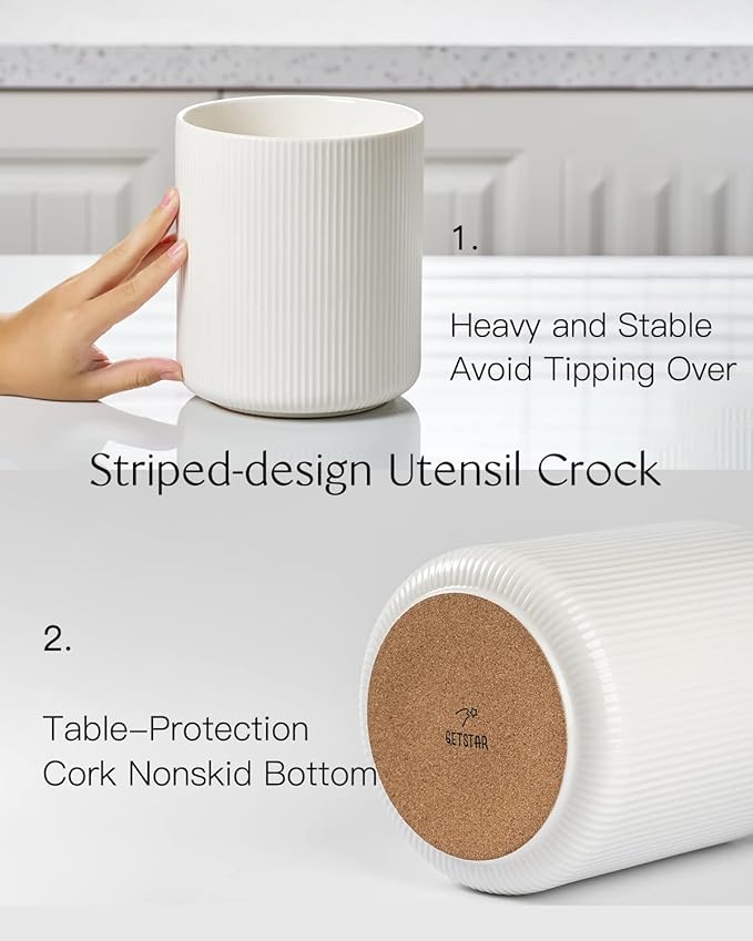 getstar Large Kitchen Utensil Holder, 7.2" Vintage Ceramic Utensils Crocks for Kitchen Counter with Non-Slip Cork Mat, Farmhouse Cooking Tool Organizer for Kitchen Counter Decor - Image 3
