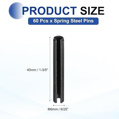 MECCANIXITY 60Pcs Slotted Split Roll Pins 6/25 Inch(6mm) Dia. 1-3/5 Inch(40mm) Length 65Mn Steel Spring Tension Expansion Dowels for Secure Fastening, Black