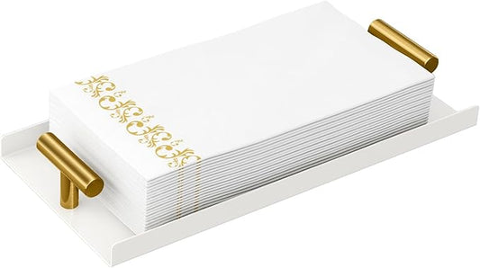 STWWO Napkin Holder for Bathroom, Guest Towel Holder Tray for Bathroom, White Guest Napkin Holders with Golden T-Handle, Disposable Hand Towel Tray for Guest Room, Table, Kitchen