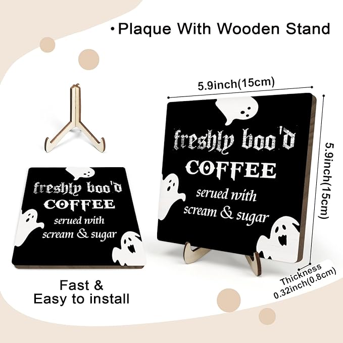 Freshly Boo'd Coffee Wood Sign, Halloween Coffee Bar Decor, Scream Sugar Spooky Season Haunted House Signs Ghosts Fall Shelf Sitter Kitchen Rustic Farmhouse Home Decor Wooden Plaque Sign - Image 2