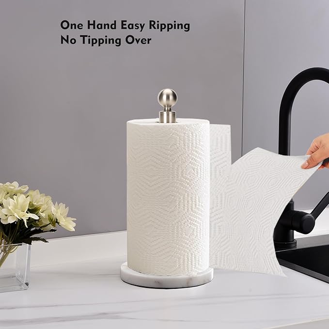 Paper Towel Holder Countertop, Standing Paper Towel Roll Holder for Kitchen Bathroom, with Weighted Base for One-Handed Operation (Marble Base, Brushed Nickel) - Image 2