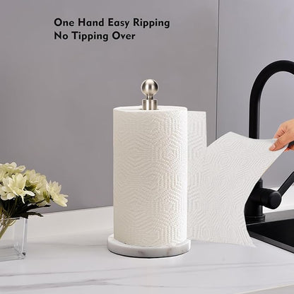 Paper Towel Holder Countertop, Standing Paper Towel Roll Holder for Kitchen Bathroom, with Weighted Base for One-Handed Operation (Marble Base, Brushed Nickel) - Image 2
