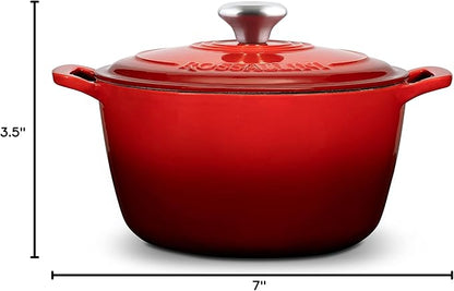 ROSSALLINI Signature Enameled Cast Iron Dutch Oven, Non-Stick Serving Pot with Tight Fitting Lid for Perfect Roasting, Baking, Sauteing, and Bread Making | 2Q (1.9L) - Red