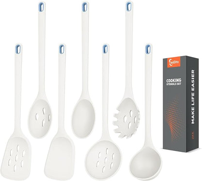 Large Silicone Utensils Set of 7 for Cooking,No Scratch for Nonstick Cookware,Pasta Server,Spaghetti Spoon,Slotted Spoon&Spatula,Solid Spoon&Spatula,Skimmer,Soup Ladle BPA Free Heat Resistant (White) by TesQita