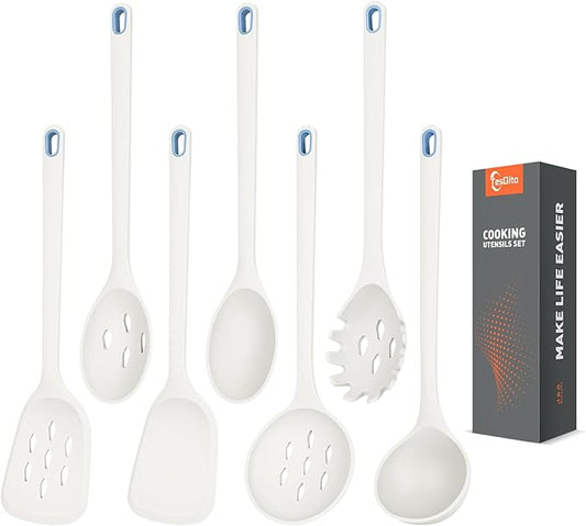 Large Silicone Utensils Set of 7 for Cooking,No Scratch for Nonstick Cookware,Pasta Server,Spaghetti Spoon,Slotted Spoon&Spatula,Solid Spoon&Spatula,Skimmer,Soup Ladle BPA Free Heat Resistant (White) by TesQita