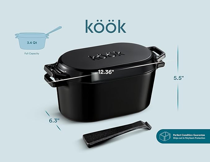 KooK Dutch Oven with Lid, Enameled Cast Iron Bread Baker, Dual Handles, 3.4 Qt, Oval, Includes Banneton Proofing Basket with Liner, Artisan Sourdough Bread Baking Set - Image 8