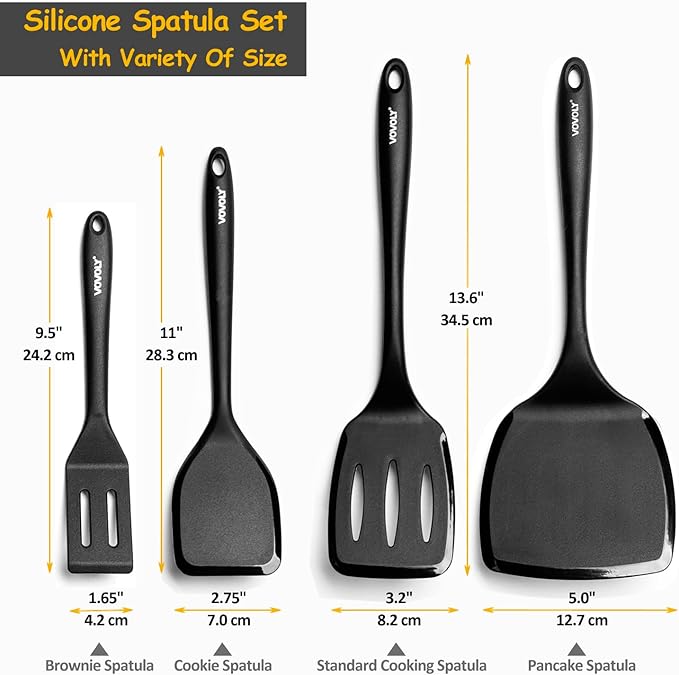 Silicone Spatula Set, 600°F Heat Resistant Silicone Spatula Turner Flipper for Cooking, Non Stick and Non Scratch Kitchen Utensils for Eggs & Pancakes, 4 Pack, Black - Image 2