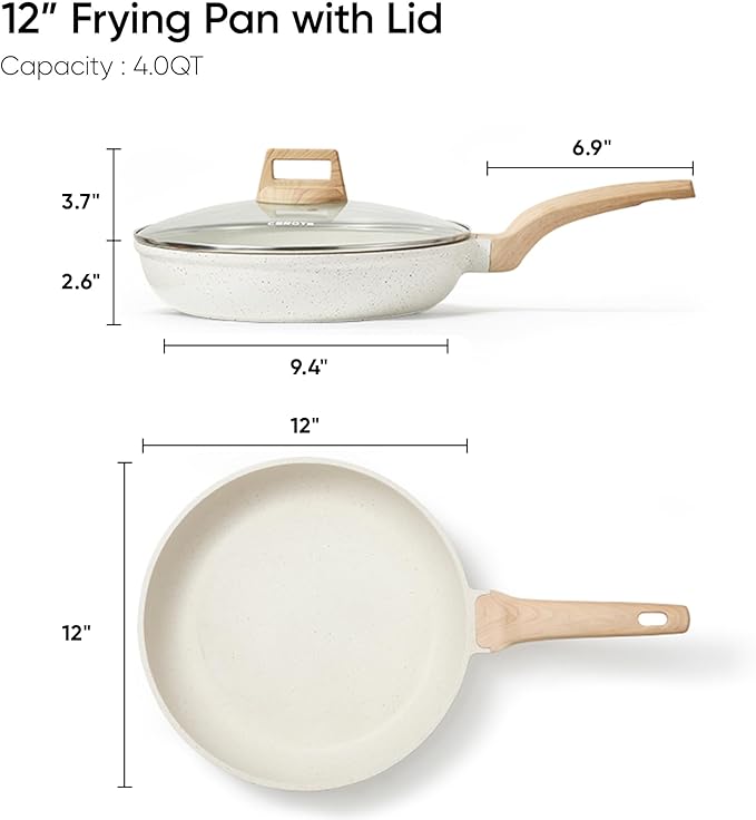 CAROTE 12 Inch Non Stick Frying Pan with Lid,White Granite Nonstick Skillet Omelet Pans, Egg Pan Granite Cookware, PFOS & PFOA Free - Image 2