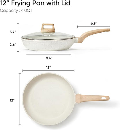 CAROTE 12 Inch Non Stick Frying Pan with Lid,White Granite Nonstick Skillet Omelet Pans, Egg Pan Granite Cookware, PFOS & PFOA Free - Image 2