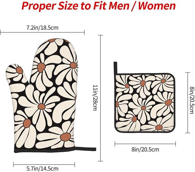 Boho Floral Pot Holders and Oven Mitts Set, Cute Black and Beige Kitchen Mitts for Oven,Non Slip Heat-Resistant Vintage Baking Gloves Hot Pads, Baking Gifts for Women