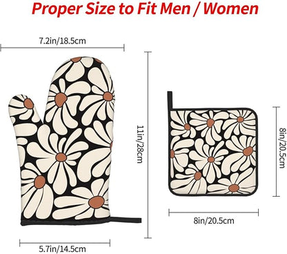 Boho Floral Pot Holders and Oven Mitts Set, Cute Black and Beige Kitchen Mitts for Oven,Non Slip Heat-Resistant Vintage Baking Gloves Hot Pads, Baking Gifts for Women