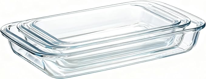 High Borosilicate Glass Baking Tray 3-Piece Set, 2.3 Quarts+1.6 Quarts+1.0 Quarts Rectangular Glass Baking Dish Container for Microwave and Oven, Suitable for Cooking, Baking Bread, Cakes and Meals
