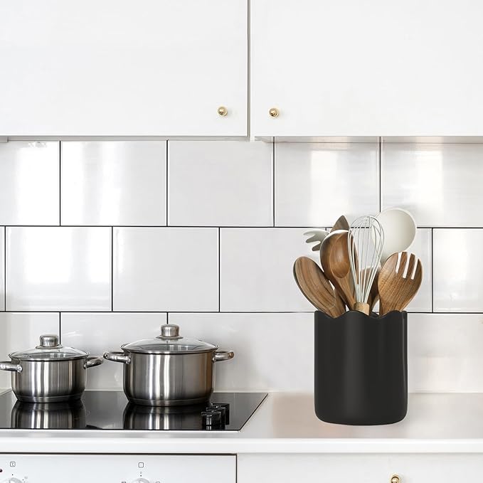 Ceramic Utensil Holder for Kitchen Counter, 6.2" Kitchen Utensil Holder with Cork Bottom for Countertop, Modern Scalloped Cooking Tool Organizer for Spatula, Matte Black - Image 4