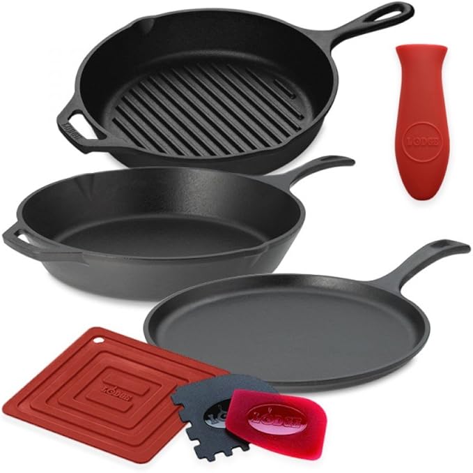 Lodge Cast Iron Set - 7-Piece Set - Pre-Seasoned Kitchen Essentials Set - Skillet, Griddle & Dutch Oven Included - PFAS-Free Non-Toxic Cookware - Image 9