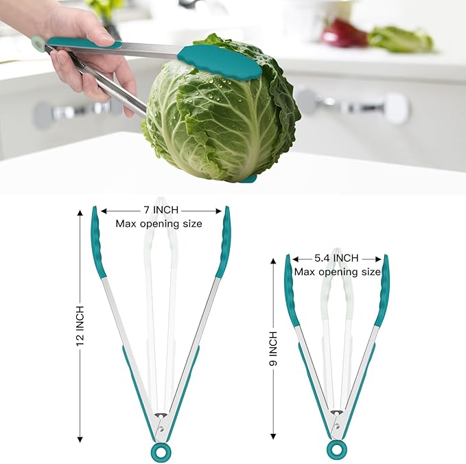HOTEC Premium Stainless Steel Locking Kitchen Tongs with Silicon Tips, Set of 2-9" and 12", Turquoise - Image 8