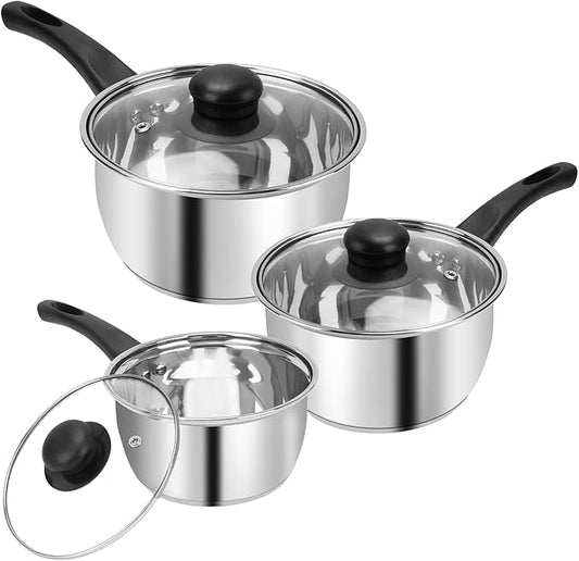 3pcs Stainless Steel Saucepan Set, Kitchen 1QT & 2QT & 3QT Pot Set with Lid Triply Base Sauce Pot for Cooking Stainless Steel Cookware Set by Unknown