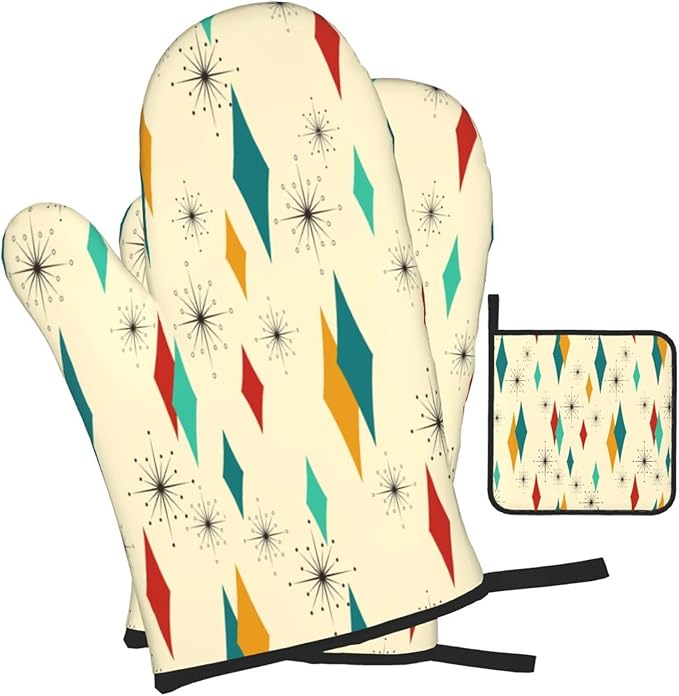 Mid Century Modern Oven Mitts and Pot Holders Set Heat Resistant Non Slip Set of 3 Retro Decor Kitchen Gloves Hot Pads for Cooking BBQ Baking Grilling - Image 2