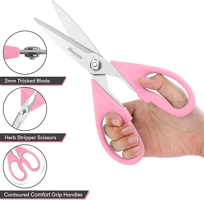 iBayam All Purpose 8.5" Cooking Scissors with Sheath, Pink Kitchen Gadgets for Women, Mom, Wife, Her - Image 4