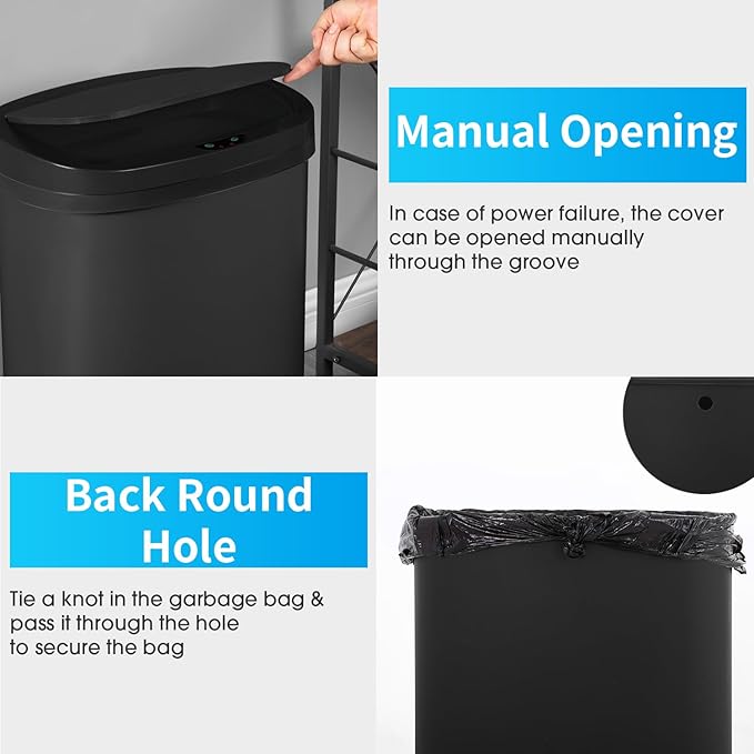 BestOffice Black Plastic Touch Free High-Capacity Garbage Can with Lid, 49L/13G, Rectangular, Quiet Close, Kitchen, Bedroom, Bathroom, Office - Image 6