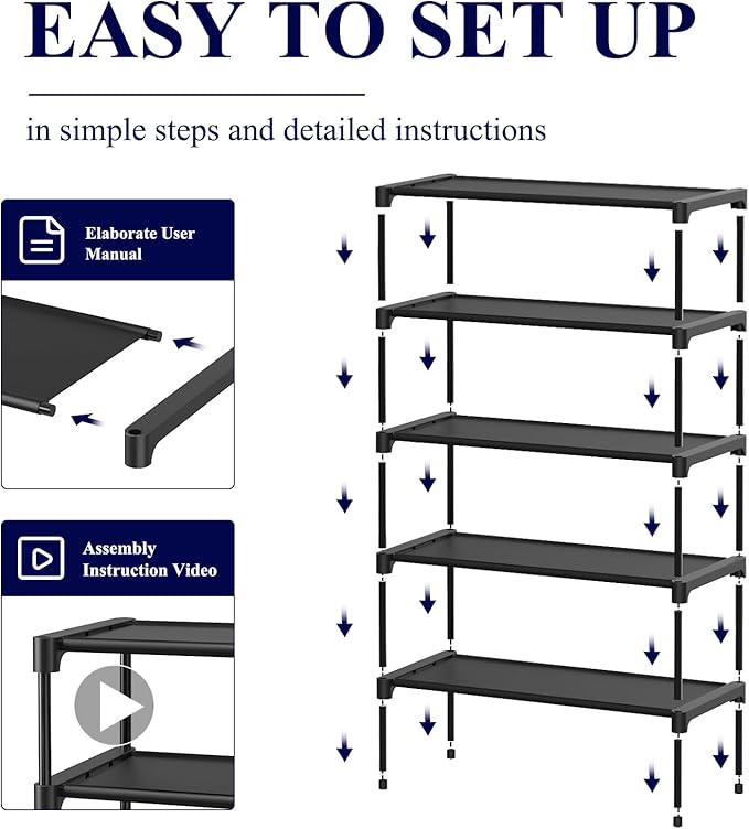 Kitsure Shoe Rack - Non-Woven Shoe Rack Shelf, Shoe Organizer for Closet, Entryway, Garage & Corridor, Stackable Shoe Shelves, 27.5" Wide - 5 Tier, Black - Image 4
